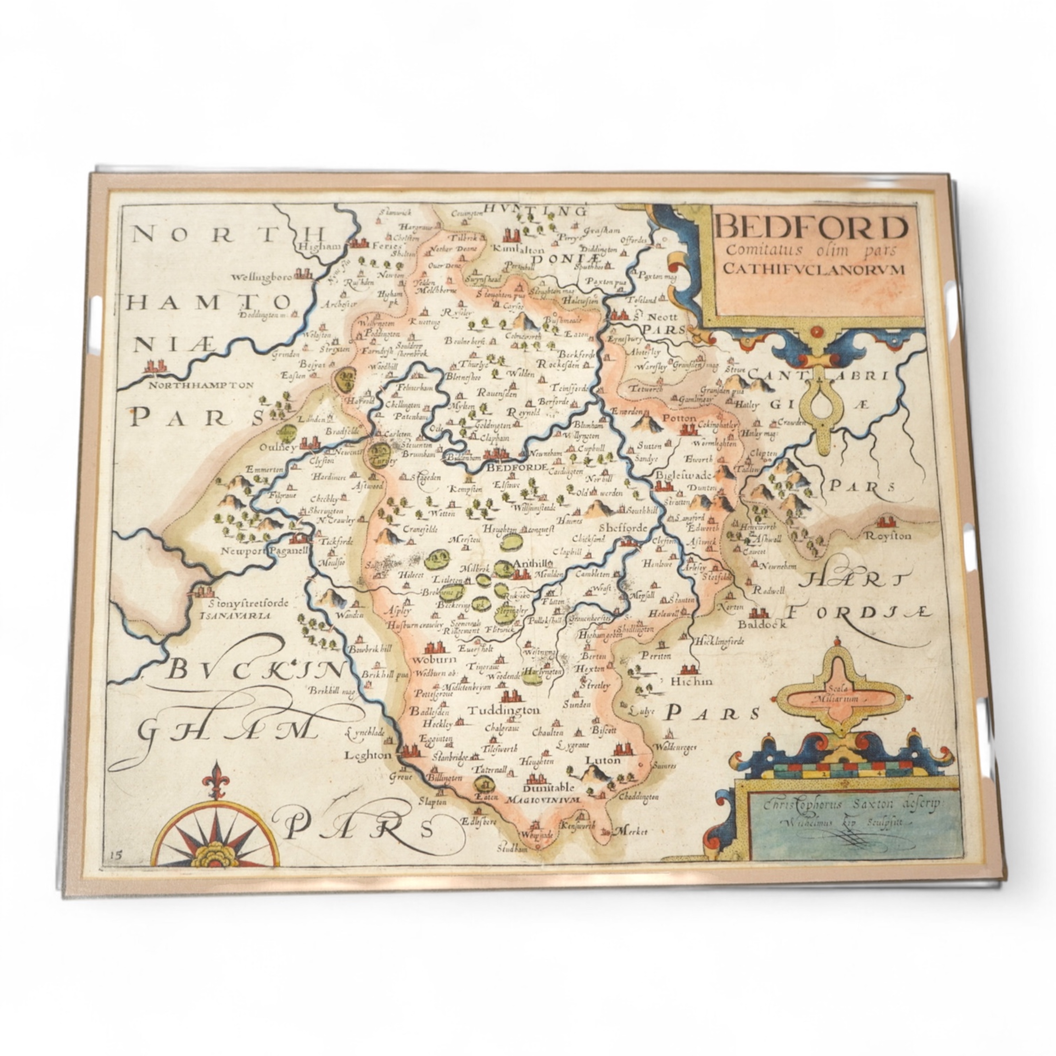 18th century, hand coloured engraved map of Bedford, 28 x 34cm